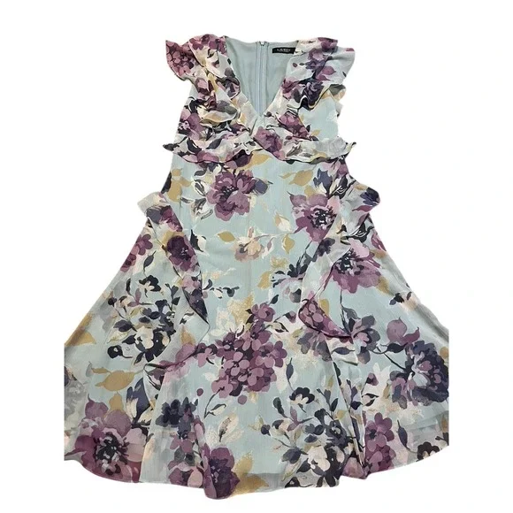 Lauren Ralph Lauren Floral Ruffle Georgette Dress Black Label Sz 8 Green Purple - Picture 5 of 10